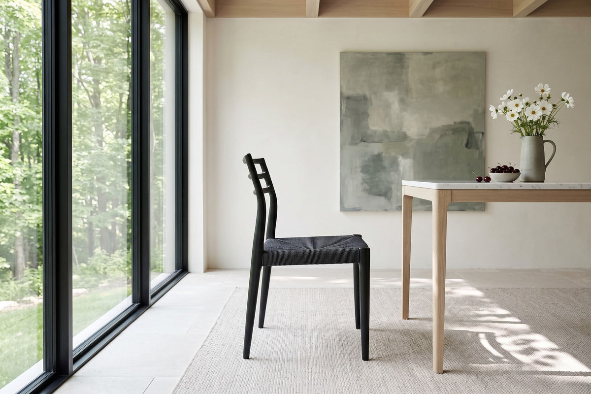 A Sperlinga dining chair in black in side profile in a Belfountain house in the Credit River valley