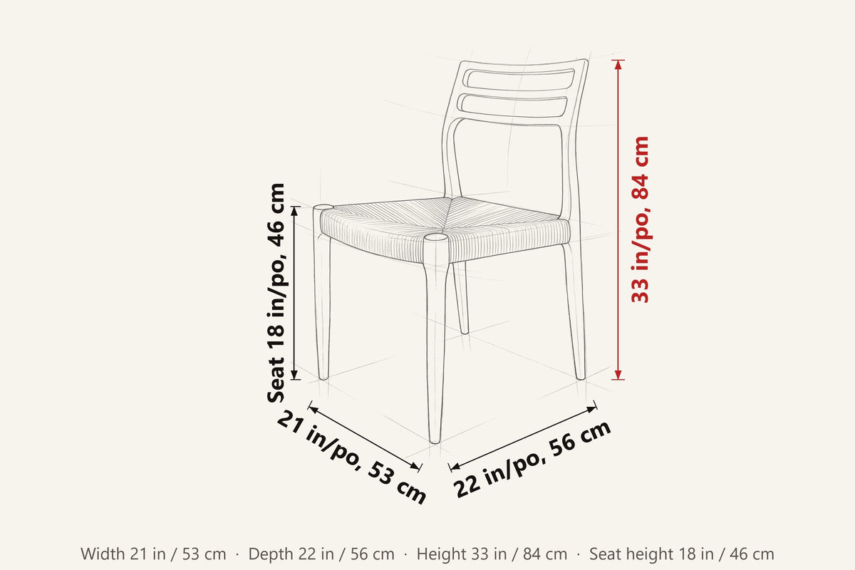 Sperlinga dimensions on a pencil sketch of the chair: 33 in high, 21 in wide, 22 in deep, seat height 18 in