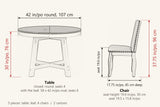 Spilamberto dimensions: table 42 in round, extends to 58 in, 30 in high; chair 37.75 in high, seat 19.6 in high
