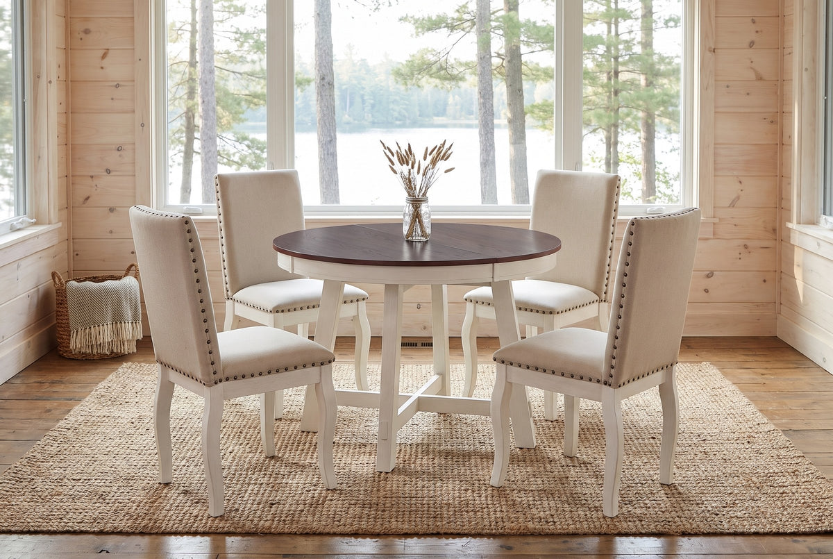 Spilamberto set in a Muskoka cottage dining room with pine walls and a lake view through tall windows