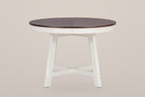 Spilamberto round table, front view: a dark espresso veneer top with a centre seam on an antique-white apron