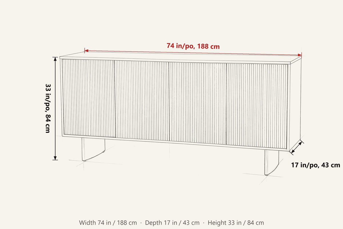 Staffolo dimensions on a pencil sketch of the sideboard: 74 in wide, 17 in deep, 33 in high