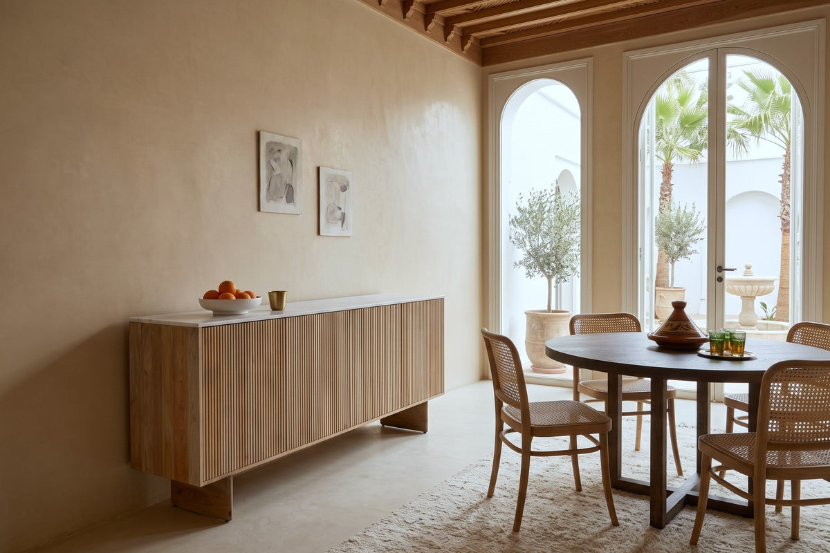 Staffolo sideboard in Natural seen from a raised three-quarter angle against a sand tadelakt wall in an Essaouira riad