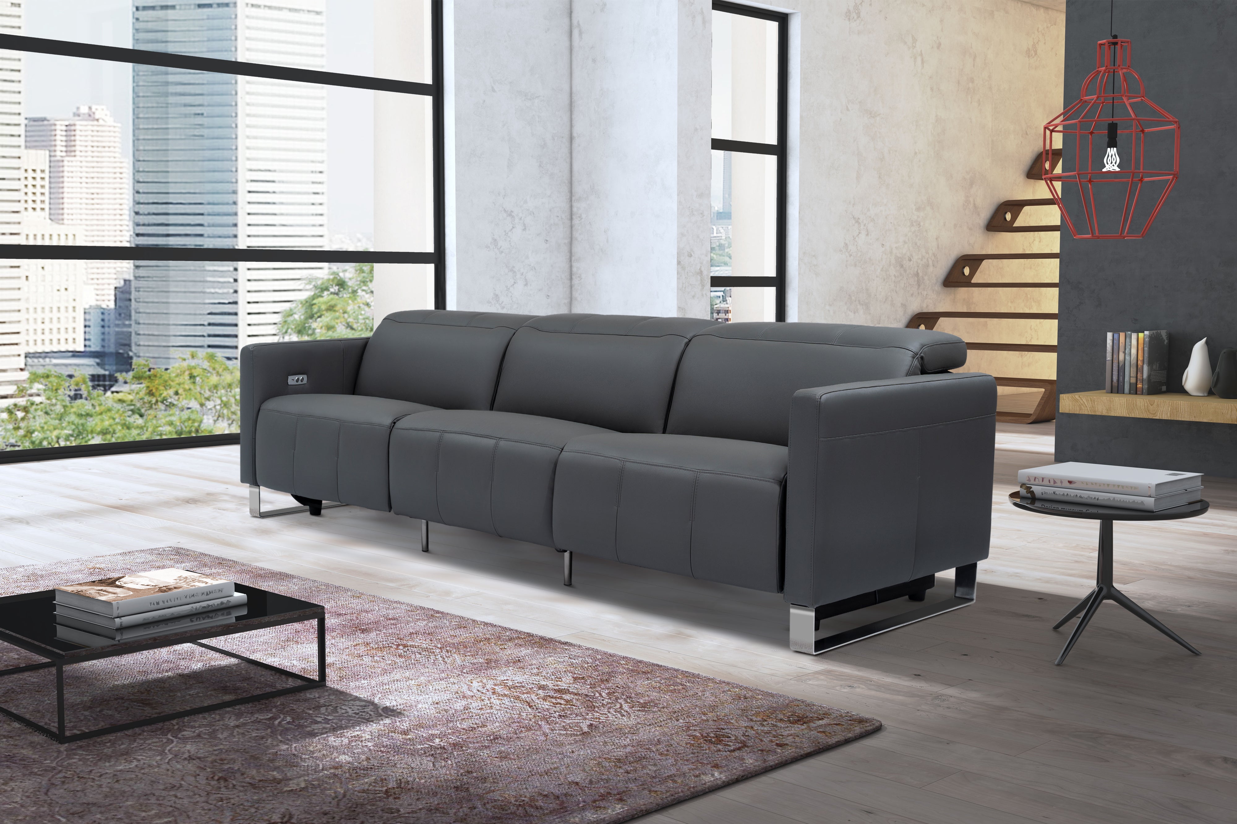 Valencia Isla Modern Top Grain Leather Reclining Sofa, Three Seats, Grey