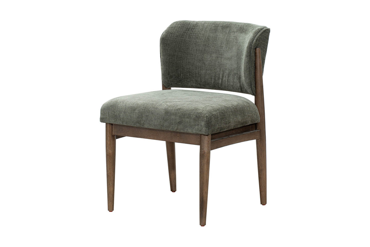 Sutton armless dining chair in olive chenille with chestnut legs, three-quarter view