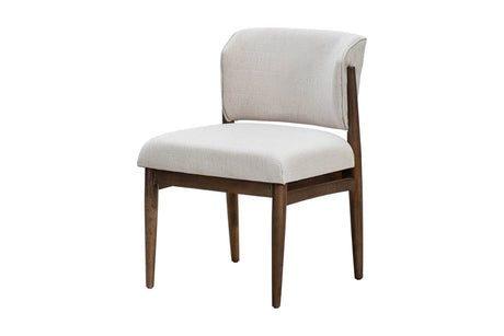 Sutton armless dining chair in linen taupe with chestnut legs, three-quarter view