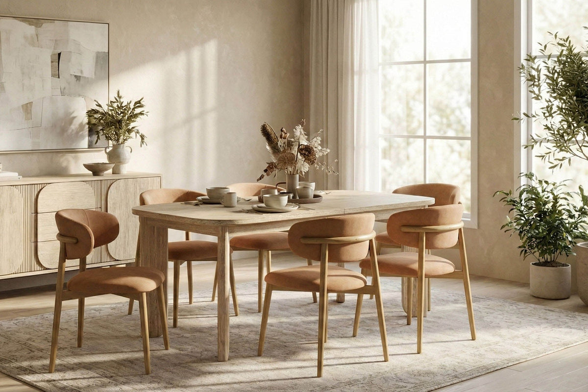 Sylvan dining table with tan chairs and the Sylvan sideboard in a sunlit room