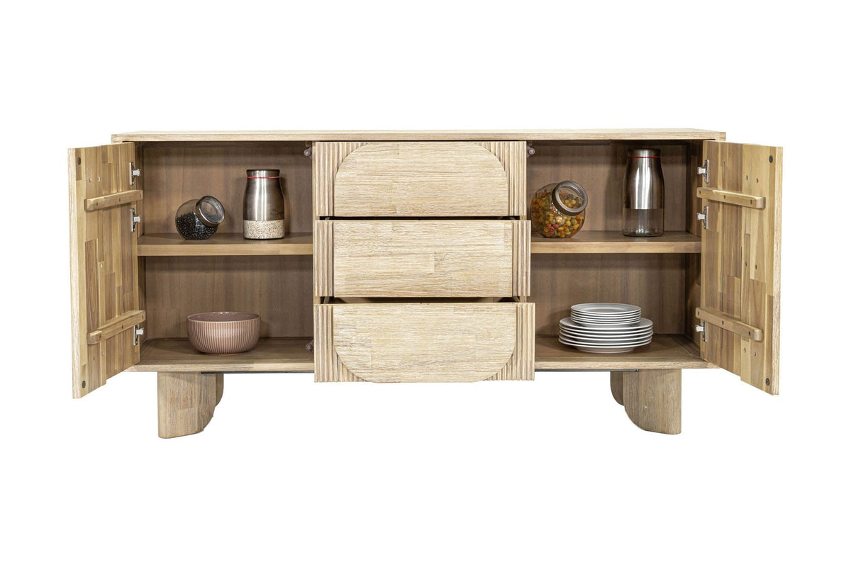 Sylvan sideboard with doors and drawers open to show the interior shelves
