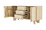 Sylvan sideboard with a door open and drawers pulled out, three-quarter view