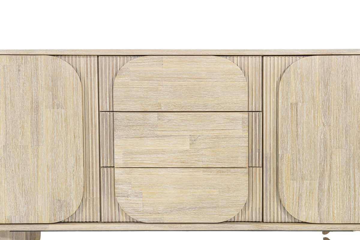 Close-up of Sylvan rounded drawer panels and reeded trim in sand wash acacia
