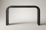 Tarvisio console table in black, straight front view: one thick band that bends down into two slab legs