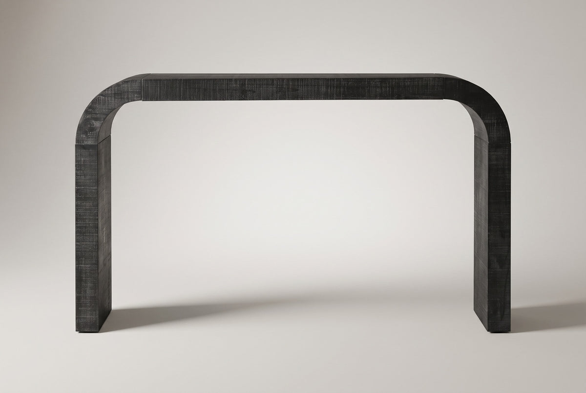 Tarvisio console table in black, straight front view: one thick band that bends down into two slab legs