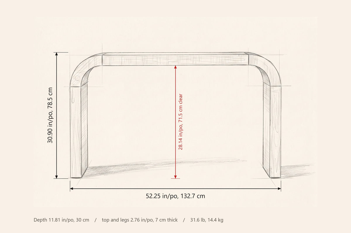 Tarvisio console table dimensions: 52.25 in wide, 30.90 in high, 11.81 in deep, 28.14 in clear under the top