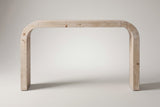 Tarvisio console table in natural, straight front view: one thick band that bends down into two slab legs