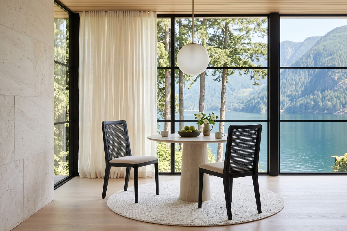 Two Teggiano dining chairs in Black at a round limestone pedestal table in a Britannia Beach house, with a limestone wall