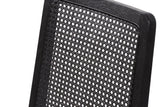Close-up of the Teggiano back in Black: black woven cane with small round openings, set in a black ash frame