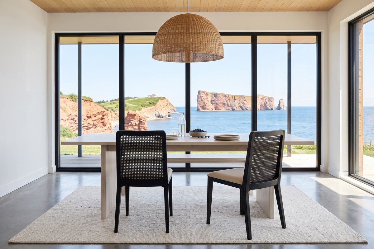 Two Teggiano dining chairs in Black seen from behind at a bleached-ash table in a house in Perce