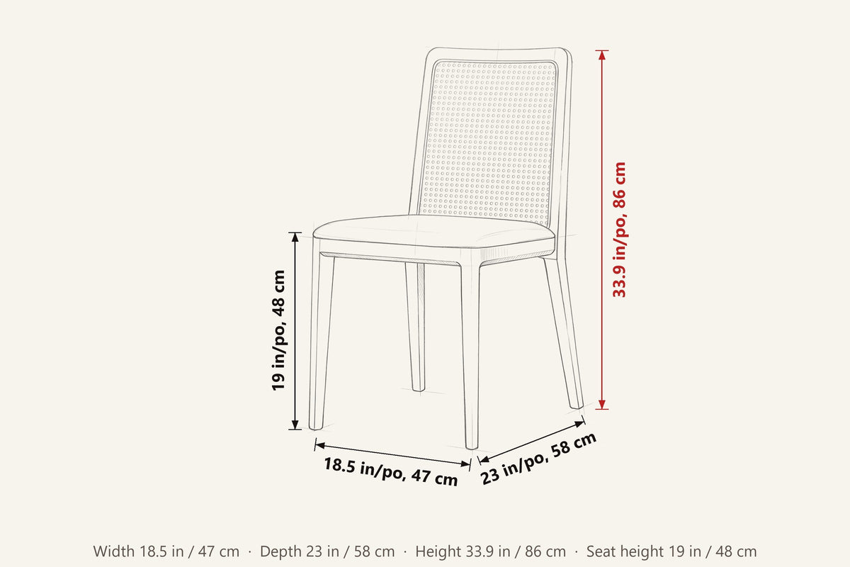 Teggiano dimensions on a pencil sketch of the chair: 33.9 in high, 18.5 in wide, 23 in deep, seat height 19 in