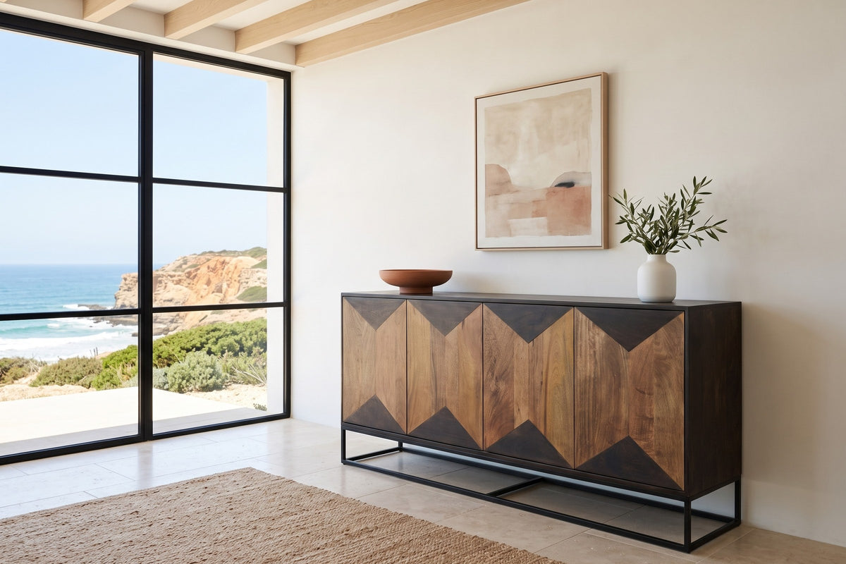 Tellaro sideboard in Walnut and Teak against lime plaster in a Carrapateira cliff house on the Costa Vicentina