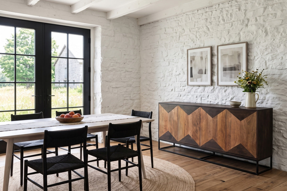 Tellaro sideboard in Walnut and Teak against whitewashed limestone in a Guelph stone farmhouse
