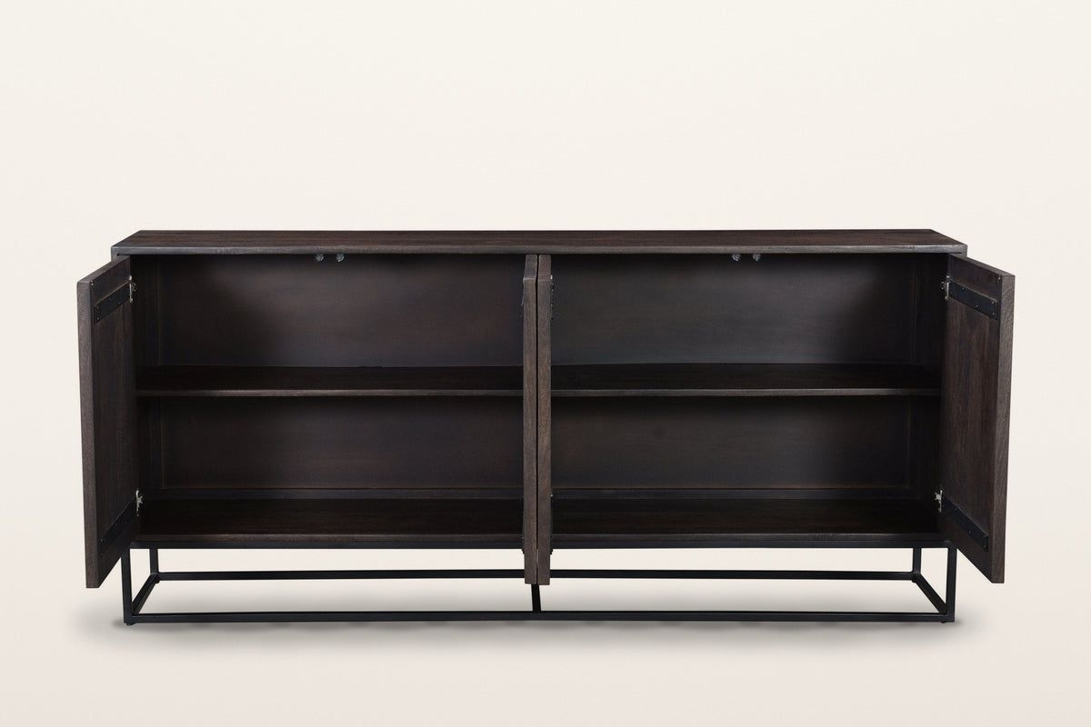 Tellaro sideboard in Walnut and Teak with all four doors open on a warm white studio backdrop
