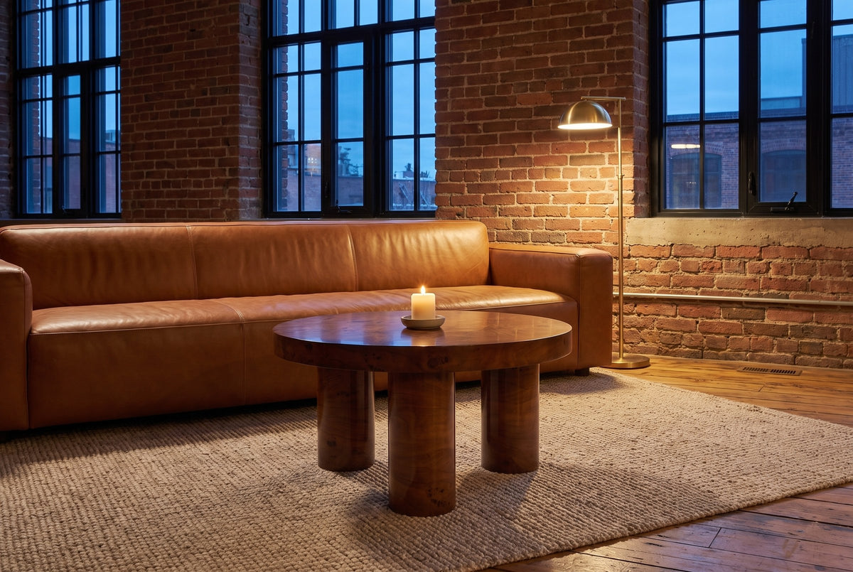 Teramo coffee table in front of a cognac leather sofa in a brick-walled Montreal loft at dusk, a candle lit on top