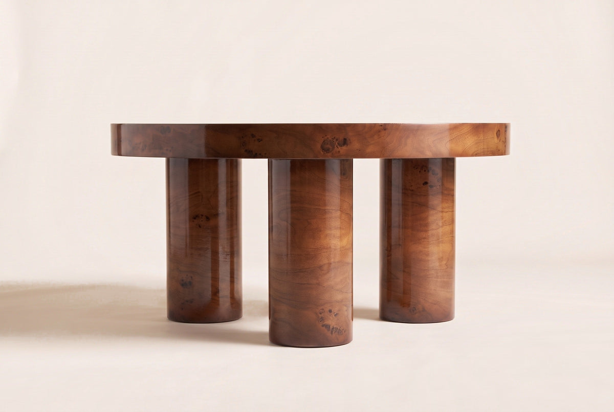Teramo coffee table, straight front view: the 2.44-inch top edge-on, the front leg in the middle and the two back legs either side