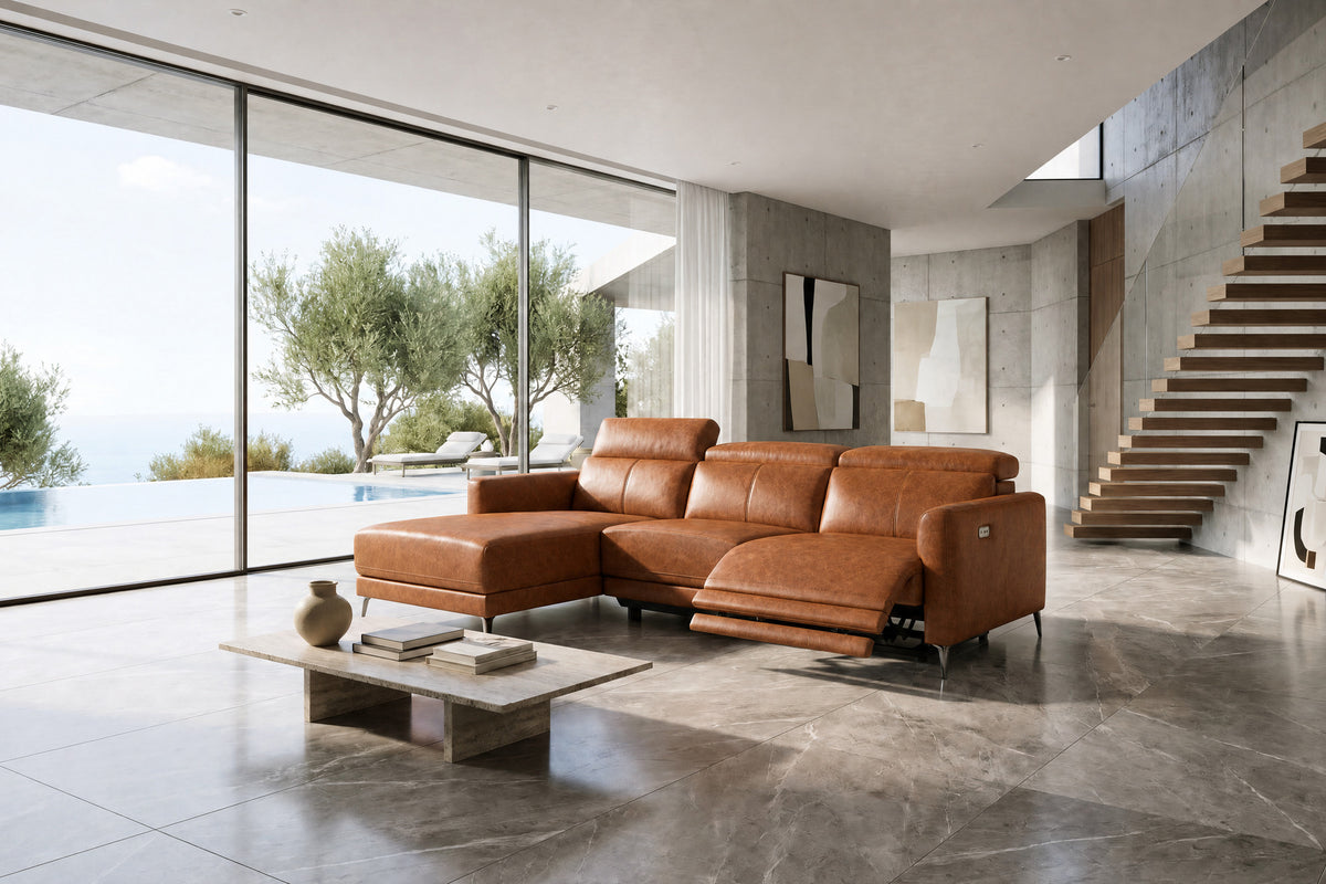 Andria Distressed Italian Aniline Leather Power Reclining Sectional Sofa