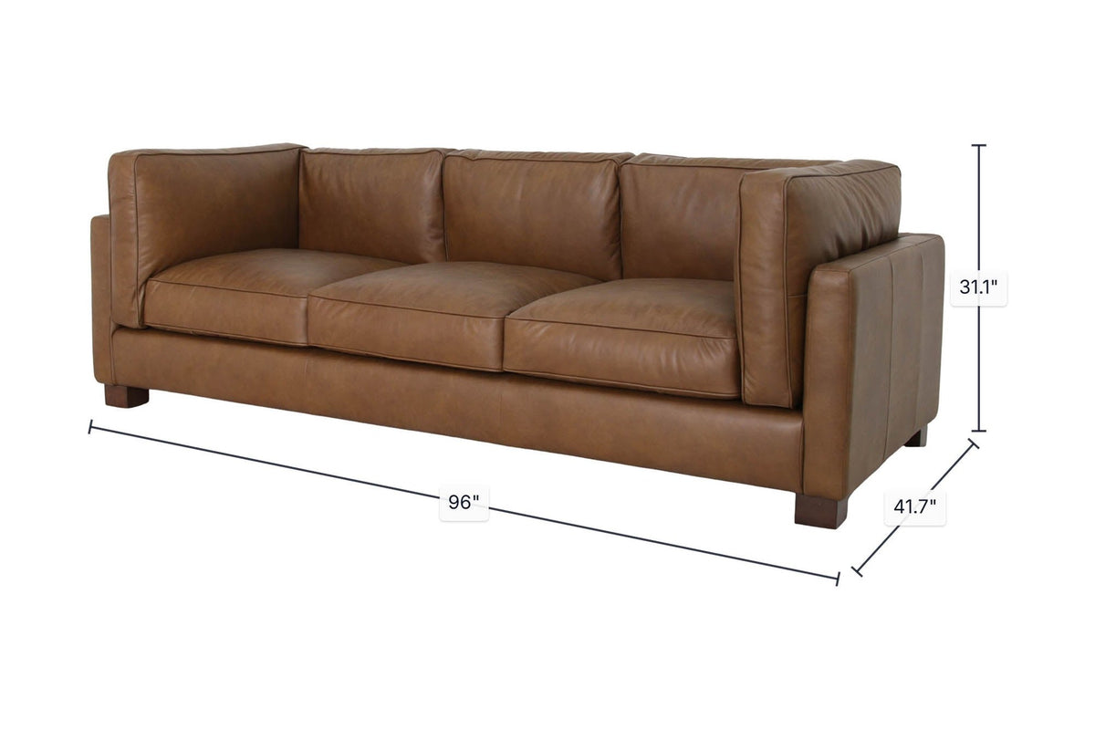 Thatcher leather sofa dimensions: 96 in wide, 41.7 in deep, 31.1 in high