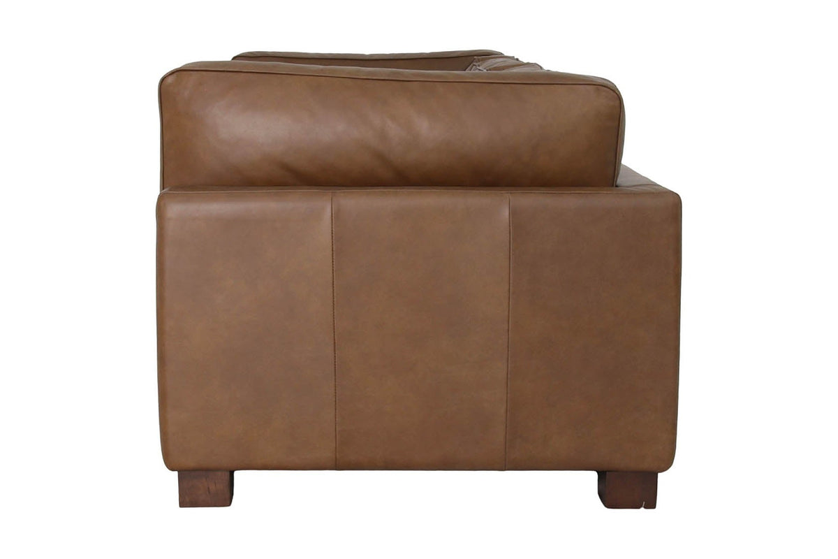 Thatcher leather sofa in Antique Sienna, side view showing the squared track arm