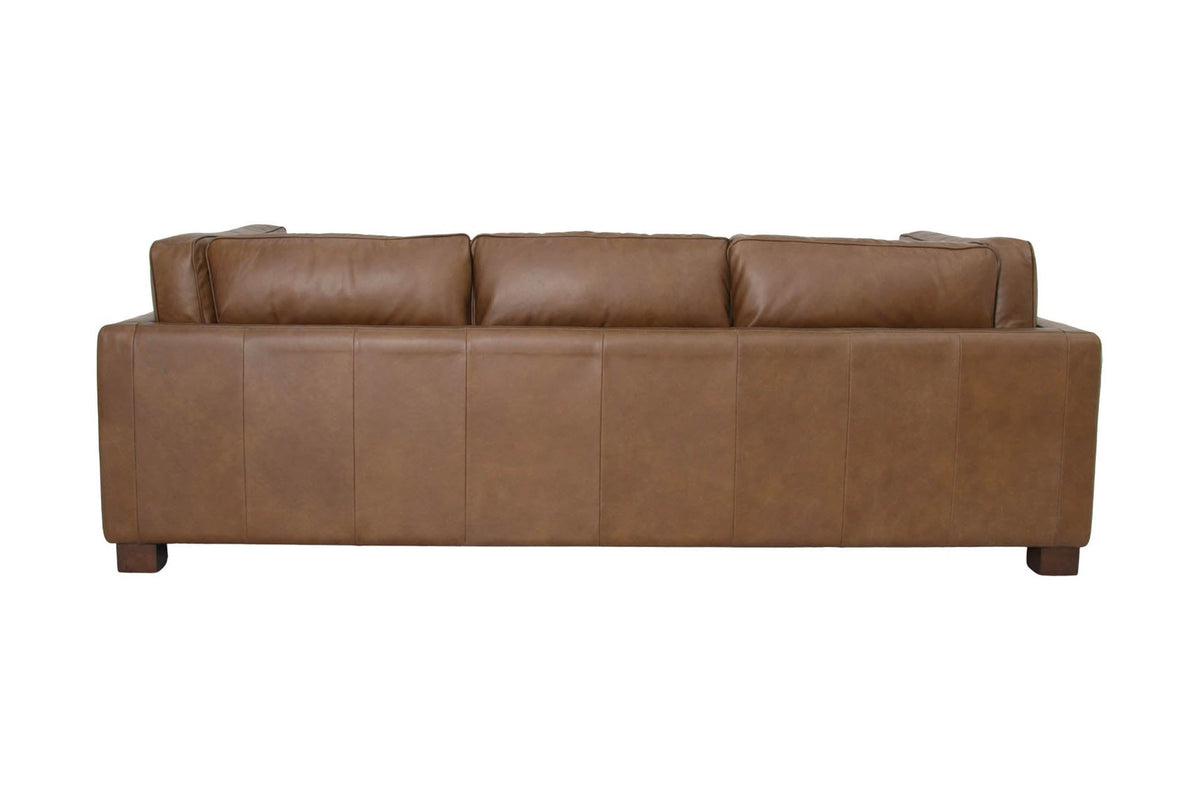 Thatcher leather sofa in Antique Sienna, back view with fully upholstered back