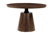Thorne round acacia dining table on a tapered pedestal at dining height, front view