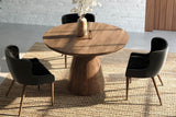 Thorne coffee brown acacia table with three black upholstered chairs on a jute rug