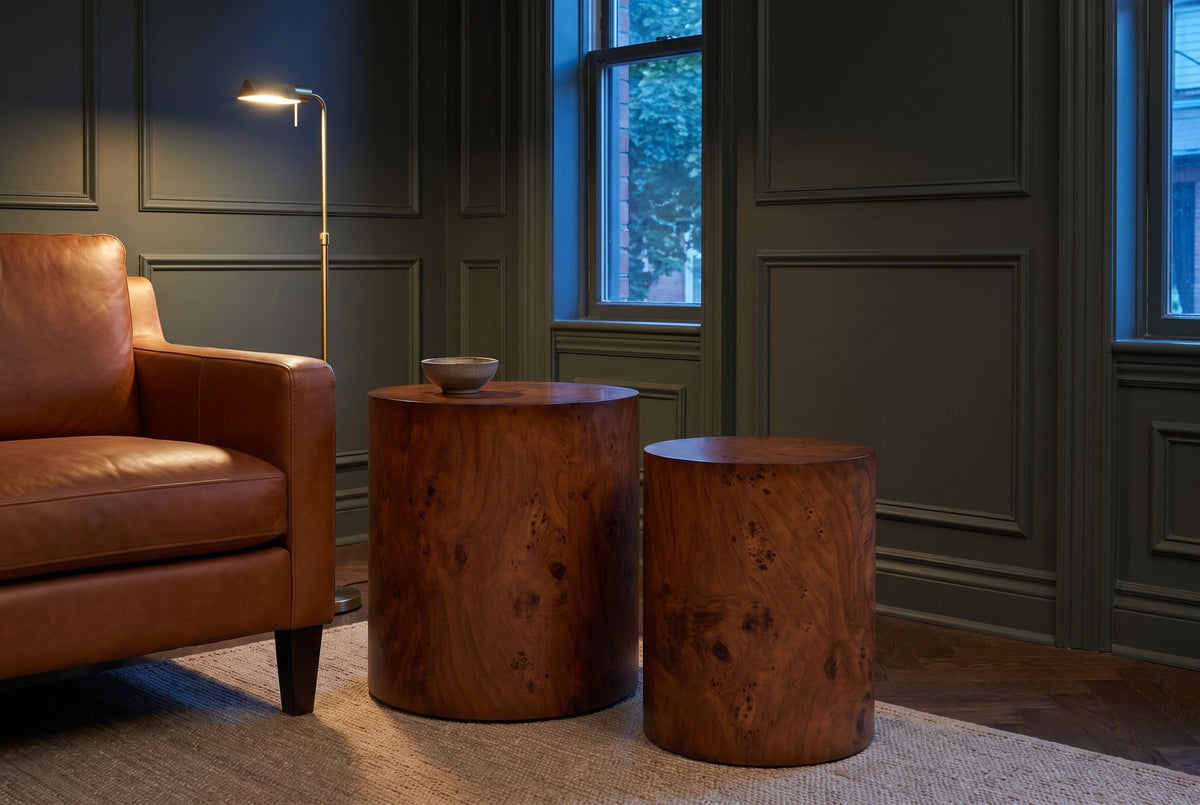 Tirano drum side tables beside a cognac leather armchair in a green-grey panelled Toronto room at dusk