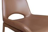 Tobin dining chair close-up of the cut-out back, stitched seat and walnut-finished frame
