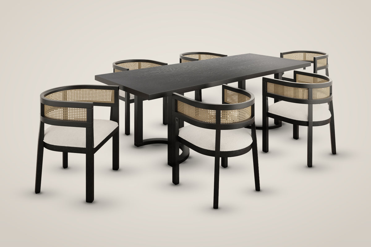 Tolmezzo seven-piece dining set in black: a 95-inch table and six cane-back armchairs with ivory seats