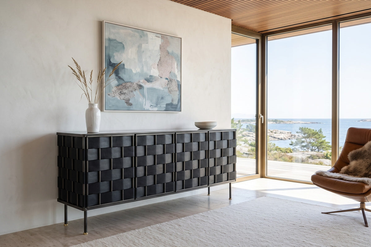 Trequanda sideboard in Black against limewash in a Mandal house in southern Norway, with walnut slats