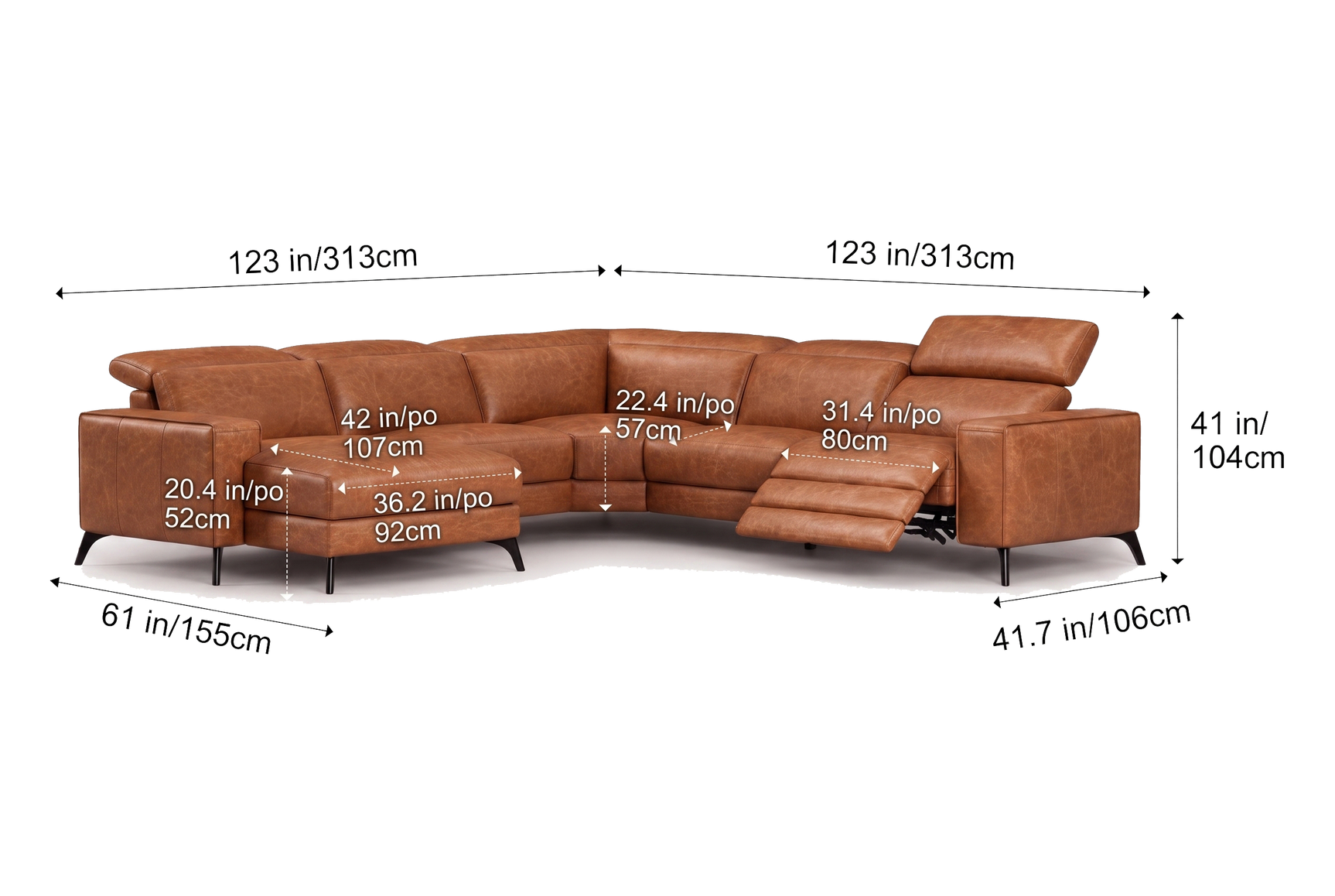 Esther Distressed Italian Aniline Leather Corner Recliner Sectional Sofa