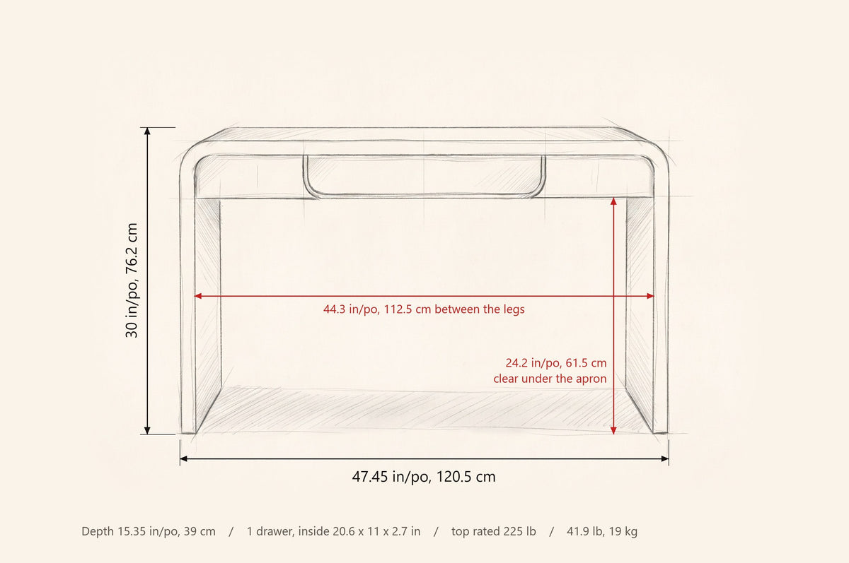 Trieste dimensions: 47.45 in wide, 30 in high, 15.35 in deep, 44.3 in between the legs, 24.2 in clear under the apron