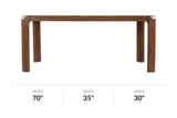 Tristan mango wood dining table front view with inch dimensions