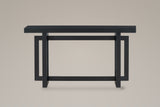 Urbania console table in black, front view: a thick top over two posts and three rectangular openings