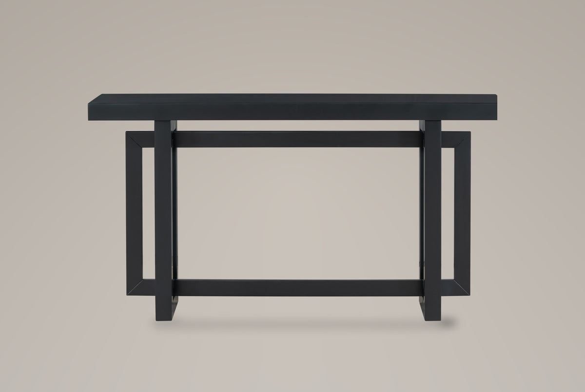 Urbania console table in black, front view: a thick top over two posts and three rectangular openings