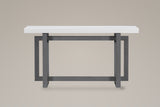 Urbania console table in Dark Gray + White, front view: a thick white top over two dark gray posts and three rectangular open