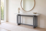Urbania console table in Dark Gray + White in a bright entry under a round oak mirror, a white lamp and a stone bowl on top