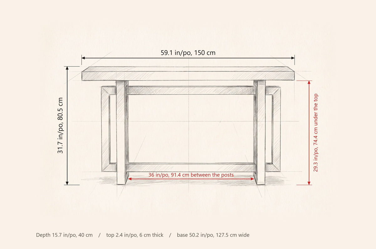 Urbania console table dimensions: 59.1 in long, 31.7 in high, 29.3 in under the top, 36 in between the front posts