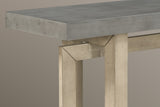 Close-up of the joint where the light pine-tone end frame, the long frame and the front post meet under the gray top