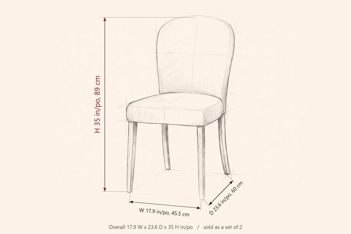 Usseglio dining chair dimensions on a pencil sketch: 35 in high, 17.9 in wide, 23.6 in deep
