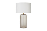 Valeria ribbed frosted glass table lamp with oval cotton shade, front view