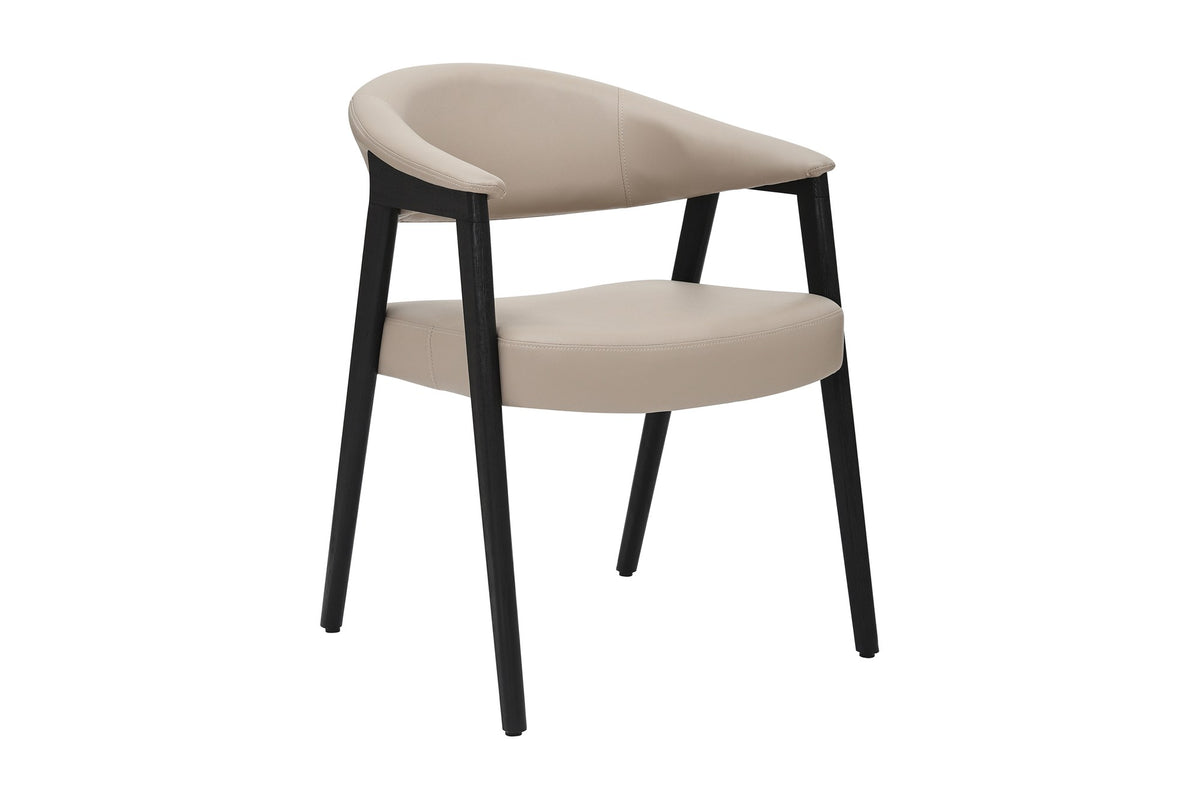 Vance mushroom faux leather dining armchair with black beechwood legs, three-quarter view