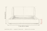 Varenna bed dimensions: Queen 71 in wide, 36.4 in high, rails 9.5 in high, 86 in long